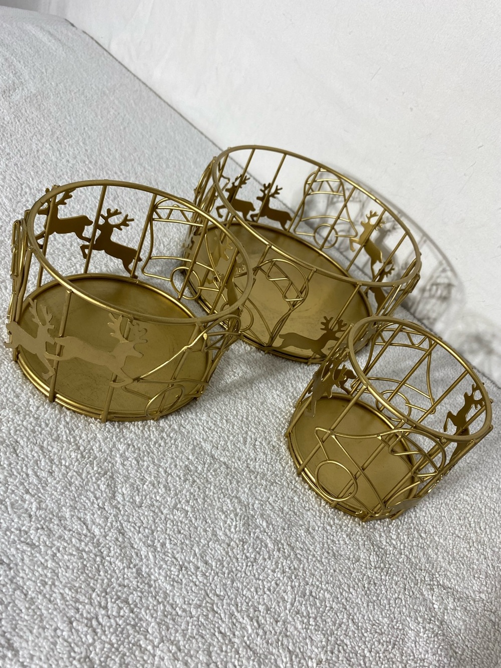 Vintage Gold Tone Metal Reindeer Christmas Candle Holder Holders Sleeves x3